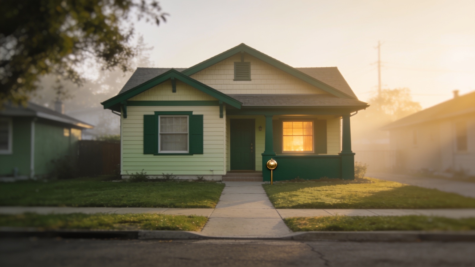 A small craftsman house at golden hour with a warm light in the window